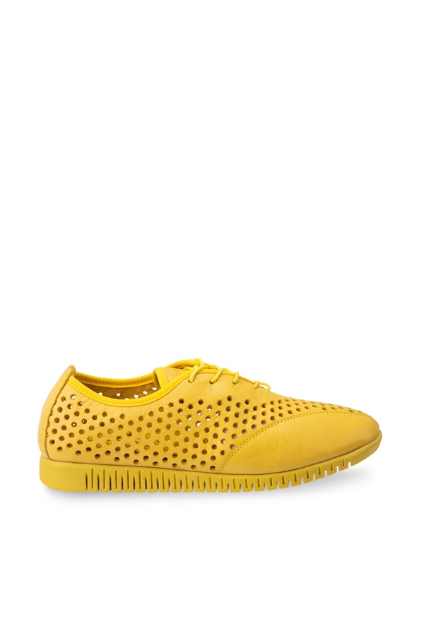Comfort Line Hardal Sarı Deri Bağcıklı Kadın Ayakkabı