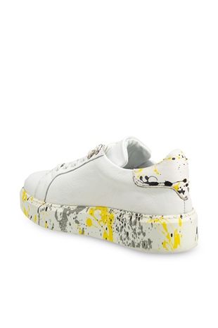 Ares-X  Beyaz Deri-Sarı Sıçratma Kadın Sneakers