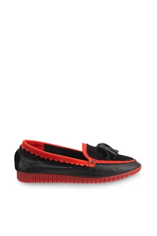 Comfort Line Siyah Kırmızı Deri Kadın Ayakkabı