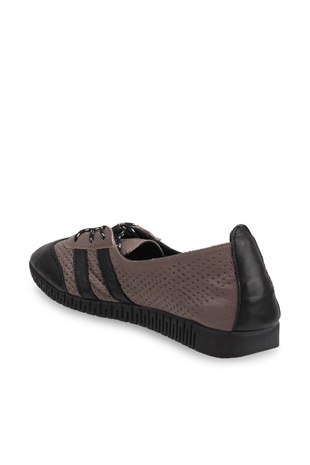 Comfort Line Taupe Siyah Deri Bağçıklı Kadın Ayakkabı
